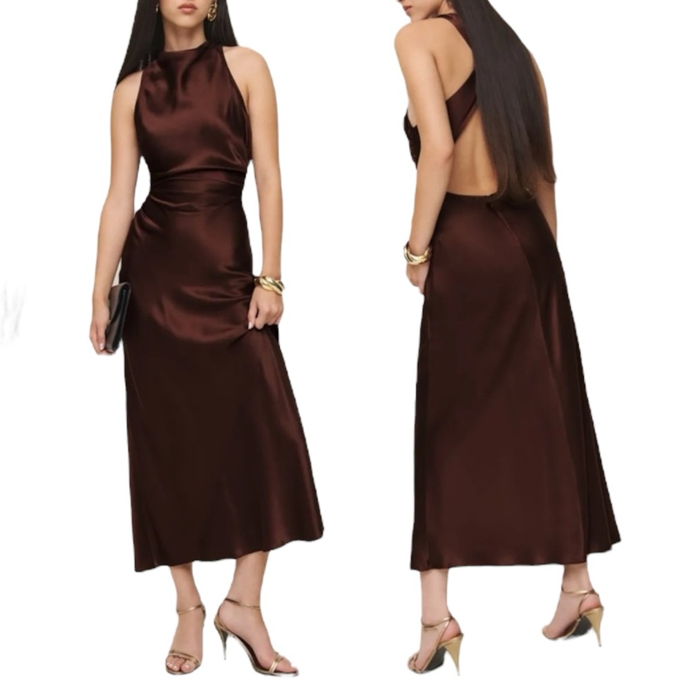 Reformation Satin Halter Maxi Dress in Deep Brown